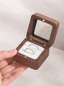 CASEGRACE 1pc Square Design Wooden Ring Box, Simple Wood Clear Panel Design Jewelry Box For Home, Valentine's Day Gift Storage Box For Girl Women Sun Travel Cool
