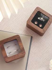 CASEGRACE 1pc Square Design Wooden Ring Box, Simple Wood Clear Panel Design Jewelry Box For Home, Valentine's Day Gift Storage Box For Girl Women Sun Travel Cool