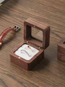 CASEGRACE 1pc Square Design Wooden Ring Box, Simple Wood Clear Panel Design Jewelry Box For Home, Valentine's Day Gift Storage Box For Girl Women Sun Travel Cool