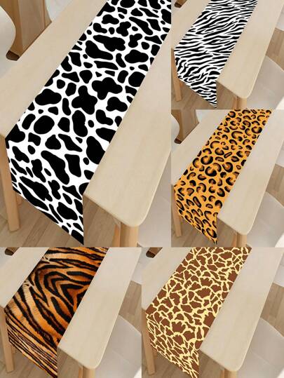 1pc Satin Table Runner, Zebra/Leopard/Tiger/Cow/Giraffe Print, Suitable For Birthday Party, Holiday Party, Jungle Theme Party Decoration, Home Decor, Dining Table Decor, Outdoor Picnic, Christmas Decoration