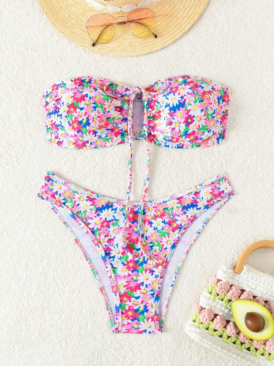 Strapless Ditsy Floral Bikini Set, Bikini Set Summer Beach - Multicolor - View 1