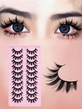10 Pairs Thick Anime/Manga Style False Lashes, 16mm Natural Look Doll Lashes For Halloween/Party/Christmas Makeup Strip Lashes, Lashes, Eyelashes, Fake Lashes