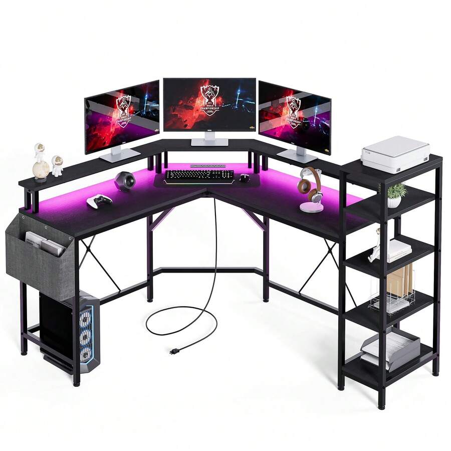 62" L Shaped Gaming Desk With Power Outlet And LED Lights,Computer Desk With USB Ports,L Shape Desk With Full Monitor Stand & Storage Shelves,Corner Desk Gaming Desk,Home Office Desk - 黑色 - 查看 1