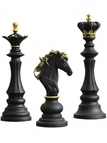 黑色鋁製國際象棋雕塑，包含騎士、皇后和國王三件套 - 彩色 - 查看 16