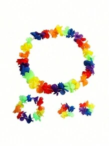 4pcs/Set Hawaiian Flower Lei Hula Necklace Garland Headband Wristbands Wedding Decorations Beach Tropical Party Supplies - One Size - View 12
