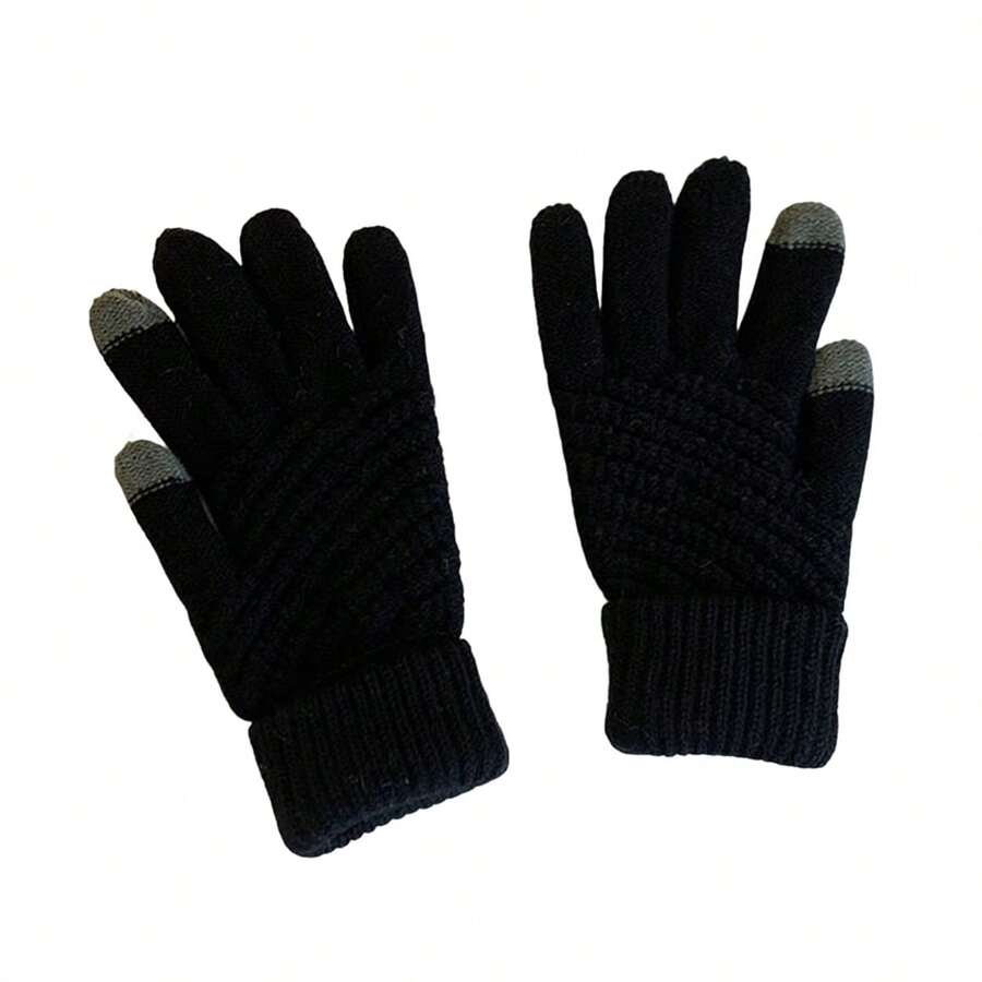 Generic 1 Pair Winter Couple Gloves Solid Color Knitting Touch Screen Full Finger Elastic Keep Warm Soft Washable Women Winter - 黑色 - 查看 1