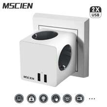 1pc Cube Design Rubik's Extension Socket, EU Plug, 2 USB Ports, Multi-Function Power Charger Adapter For Home, Office, And Travel, Compatible With Most European Countries - White - View 1