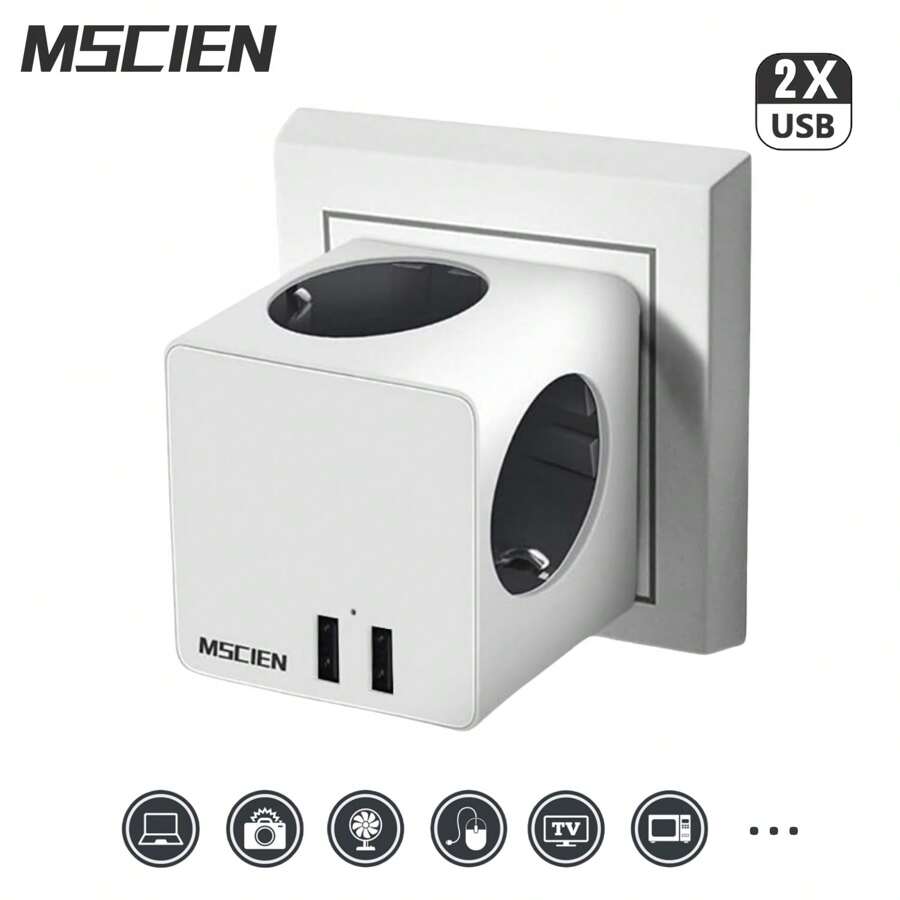 1pc Cube Design Rubik's Extension Socket, EU Plug, 2 USB Ports, Multi-Function Power Charger Adapter For Home, Office, And Travel, Compatible With Most European Countries - White - View 1