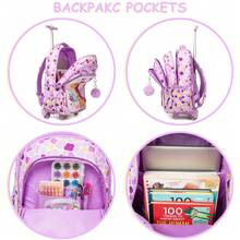 3PCS Animals Rolling Backpack For Girls School Backpack With Wheels Kids Rolling Backpack For Travel Backpack Carry On Luggage With Wheels - Lilac Purple - View 4