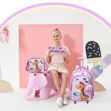 3PCS Animals Rolling Backpack For Girls School Backpack With Wheels Kids Rolling Backpack For Travel Backpack Carry On Luggage With Wheels - Lilac Purple - View 5