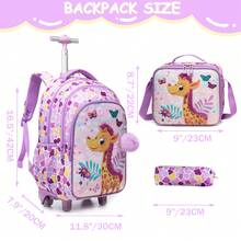 3PCS Animals Rolling Backpack For Girls School Backpack With Wheels Kids Rolling Backpack For Travel Backpack Carry On Luggage With Wheels - Lilac Purple - View 2