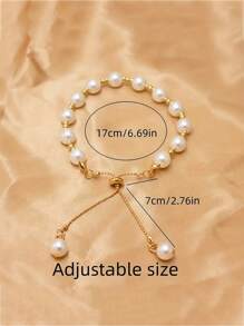 可調節的優雅人造珍珠手鍊，適合女孩，是禮物的理想選擇，1入組 - 金色 - 查看 3