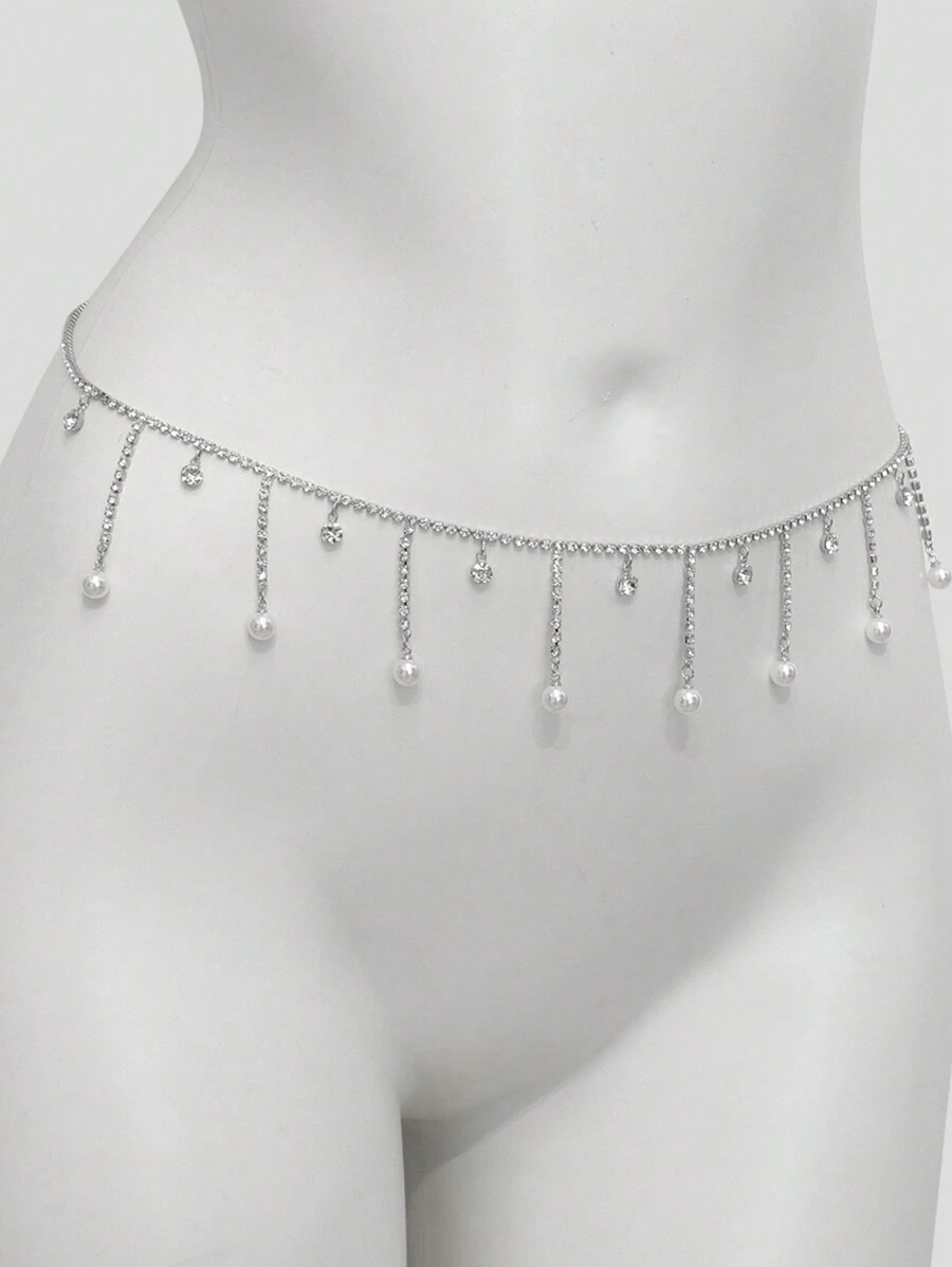 1pc French Faux Pearl Tassel Pendant Waist Chain, Elegant High-End Luxury Look For Women - Silver - View 1