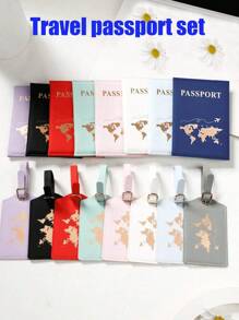 2 件护照保护套装，护照夹 + 行李牌，护照套，PU 皮革旅行必备文件袋，带世界地图打印和轨迹追踪器 - 地圖飛機護照套裝 - 查看 2