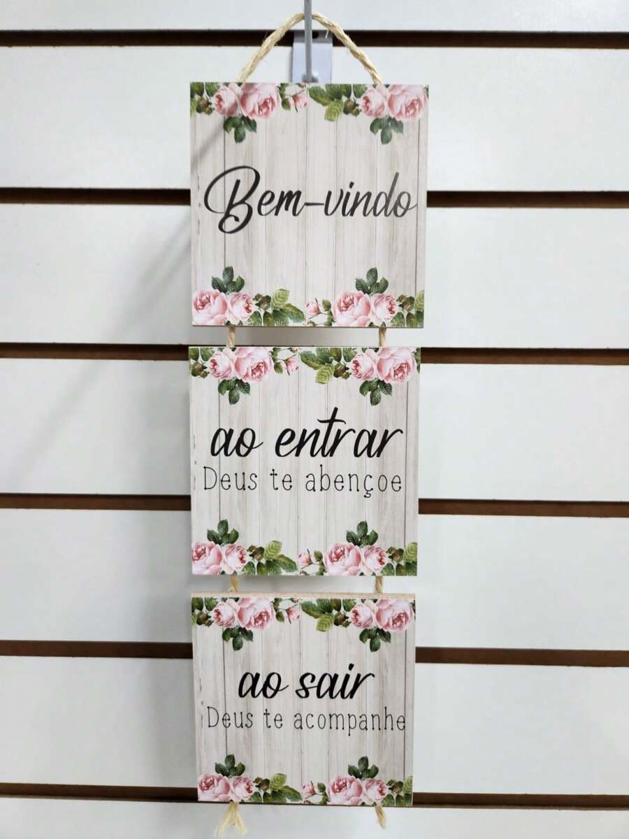 Placa com Corda 3 Peças Bem Vindo ao Entrar Deus te Abençõe - Multicolorido - Visão 1