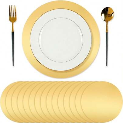 10pcs/50pcs Round Paper Placemats, Gold Disposable Table Mats With Mirrored Aluminum Foil Decoration For Dining, Restaurant, Wedding, Party, Festival, Christmas, New Year