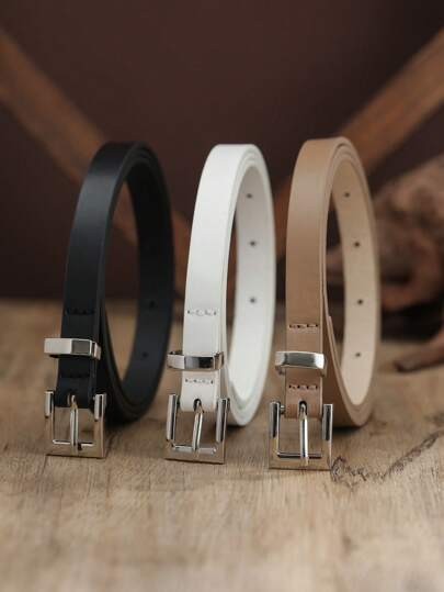 3pcs/Set Women's Multi-Color Square Buckle Zinc Alloy PU Waist Belt For Dress Decoration, Fashionable Daily Wear Summer, School Fall, Autumn, Halloween