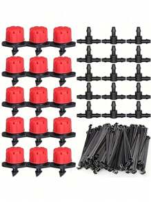 Garden Drip Irrigation System Accessories Set, Including 4/7mm Pipe Connectors, Red Dripper, Tee Joints, Capillary Tube Fixing Rods And 1/4in Barb Drip Irrigation Fittings - Red - View 1