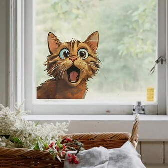 1pc Cute Brown Cat Window Sticker, Transparent & Opaque White Background With Open Mouth Yellow Cat Window Decoration Sticker, No Adhesive Residue & Fading, High-End Animal Sticker., Stickers, Wall Decal, Vinly Decal For Home Decorations, Spring Decoration Items Refresh Your Home, Festival Decoration Stickers Gifts Birthday Graduation