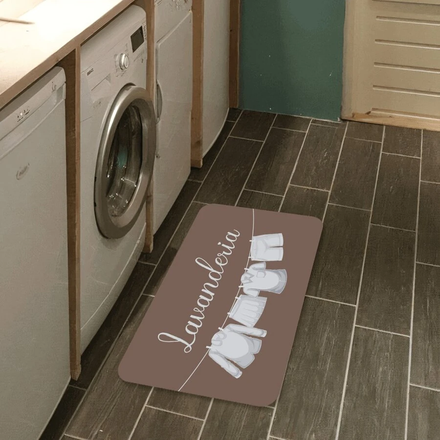 Tapete Avulso Para Lavanderia Decorativo Antiderrapante Roupas no Varal - Marrom - Visão 1