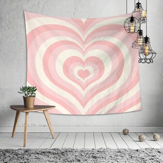 粉色心形壁掛掛毯，美學牆掛布藝藝術，波西米亞牆面裝飾，可愛女孩臥室、宿舍和預備學校房間裝飾用壁掛