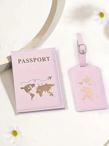 2 件护照保护套装，护照夹 + 行李牌，护照套，PU 皮革旅行必备文件袋，带世界地图打印和轨迹追踪器 - 地圖飛機護照套裝 - 查看 10