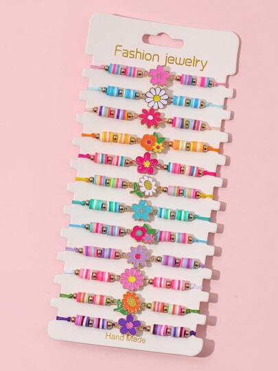 Set de 12 pulseras con colgantes ajustables hechas a mano de arcilla polimérica con diseños de unicornio, mariposa, flor, fruta, gato de dibujos animados y dinosaurio para niñas