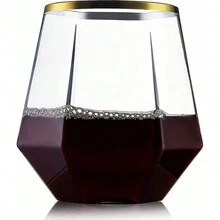 1 件 12 盎司金边六角形 360 毫升 PET 塑料红酒杯、香槟杯、酒杯、威士忌蛋形杯、防碎且可重复使用 - 金邊透明磚石杯 - 查看 1