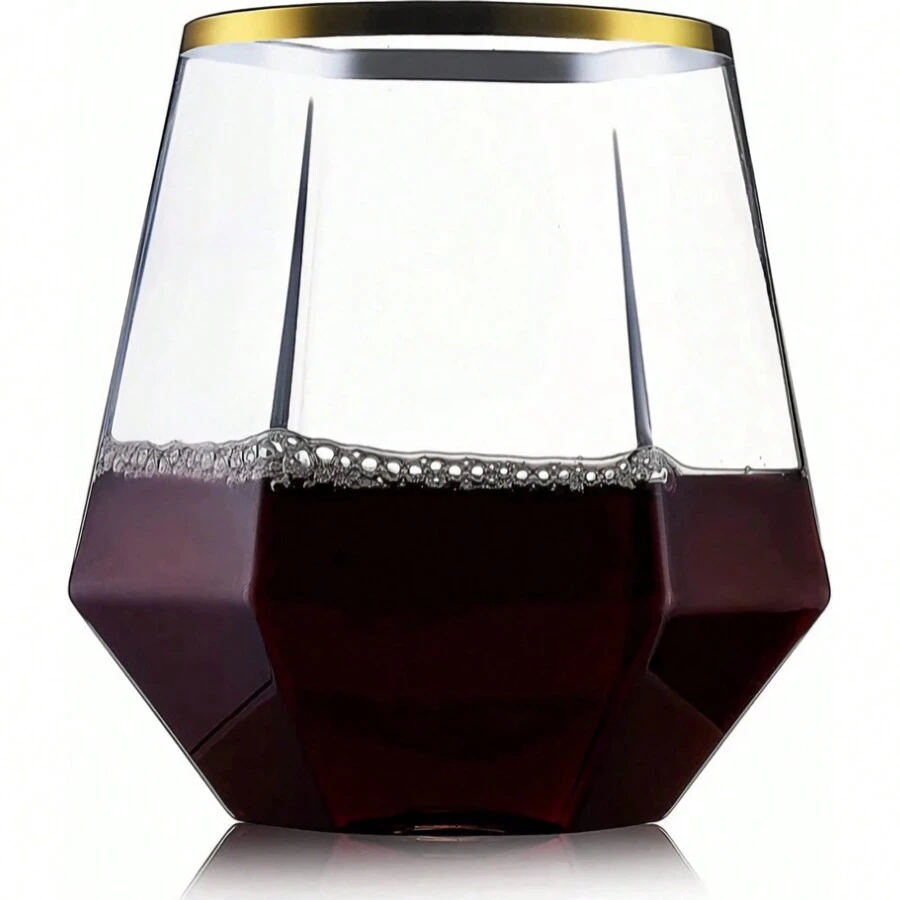 1 件 12 盎司金边六角形 360 毫升 PET 塑料红酒杯、香槟杯、酒杯、威士忌蛋形杯、防碎且可重复使用 - 金邊透明磚石杯 - 查看 1