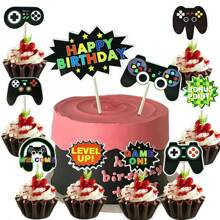 10 piezas de Decoraciones para pasteles de cumpleaños con tema de controlador de juego (2 piezas de adornos grandes +8 piezas de adornos pequeños) para fiestas de cumpleaños, fiestas con tema de juego, decoración de pasteles - Negro - Ver 4