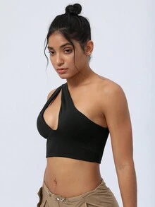 Sodalemon Women's Hollow-Out Yoga Sports Bra With One Shoulder Strap - Black - View 3