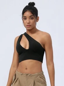 Sodalemon Women's Hollow-Out Yoga Sports Bra With One Shoulder Strap - Black - View 6