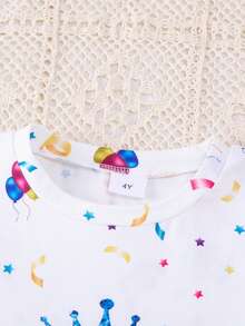 1 Stück Mädchen lässiges Prinzessin Geburtstag Stern Krone T-Shirt aus leichtem Strick mit englischem Muster auf den Kurzarmen - Weiss - Übersicht 4