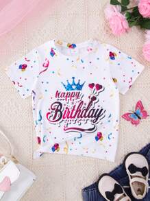 1 Stück Mädchen lässiges Prinzessin Geburtstag Stern Krone T-Shirt aus leichtem Strick mit englischem Muster auf den Kurzarmen - Weiss - Übersicht 1