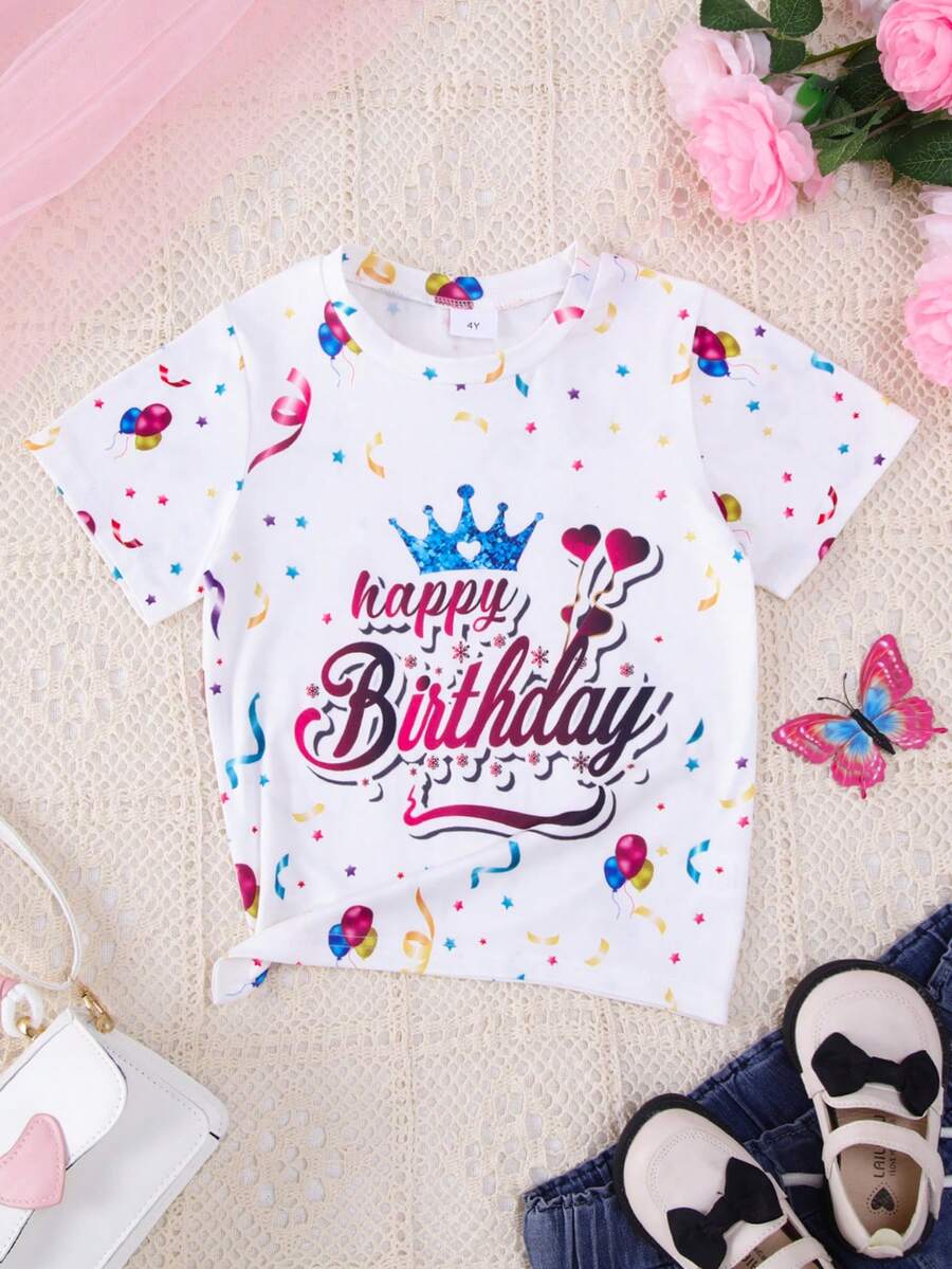 1 Stück Mädchen lässiges Prinzessin Geburtstag Stern Krone T-Shirt aus leichtem Strick mit englischem Muster auf den Kurzarmen - Weiss - Übersicht 1