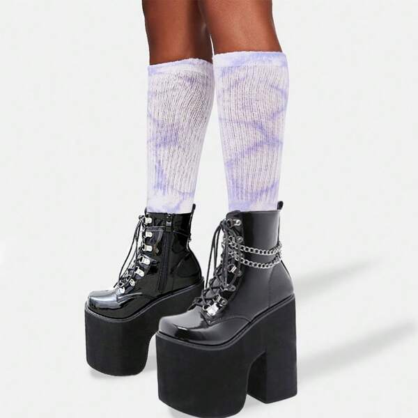 Gdgydh Botas de cavaleiro estilo europeu e americano com salto alto e plataforma grossa para mulheres, bico pontudo, para performance de palco, zíper lateral da moda, corrente punk, botas femininas sexy