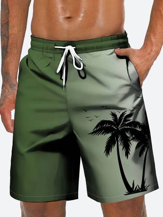 Herrshorts med dragsko, Hawaiian Holiday Casual Outdoor Sports Coconut Tree Ombre 3D Digital Print Casual Everyday Holiday Single Layer Swim Shorts, Hawaiian