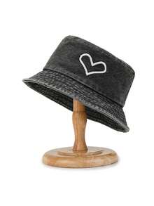 1 Máy Tính Giặt Denim Vintage Chữ & Thêu Trái Tim Nón, Mùa Xuân/Hè Ngoài Trời Thời Trang Mũ Đội - Mũ của ngư dân - Xem 14