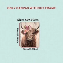 1 Pièce D'illustration Vintage De Vache Des Highlands Avec Impression Sur Toile Sans Cadre, Imperméable, Tête De Vache De Style Rustique Portant Des Fleurs, Art Mural De Salon, Décoration De Chambre À Coucher - Multicolore - Voir 6