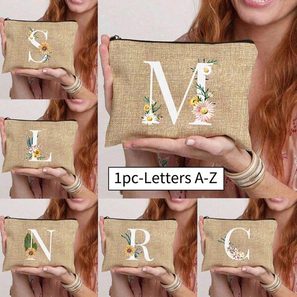 1pc Letter A-Z Flower Print Makeup, Gift For Girls, Cute Retro Simple Fashion Letter Pattern Printed, Cosmetic Pouch For Small Items, Makeup, Toiletry, Clutch, Lightweight, Simple Shopping, Teacher Gift Clutch, For Nurses, Doctors, Makeup Case, For Lipstick, Brush, Skincare, Mobile Phone, Coin, Small Items, For Home, Gift, Vacation And Festival Halloween Christmas Multifunctional Use,Boho Vibes