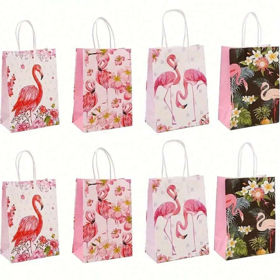 Bolsas de regalo con diseño de flamenco, 8 bolsas de papel con asas de 8.7'' pequeñas para fiestas de cumpleaños, despedidas de soltera, bodas - Multicolor - Ver 1