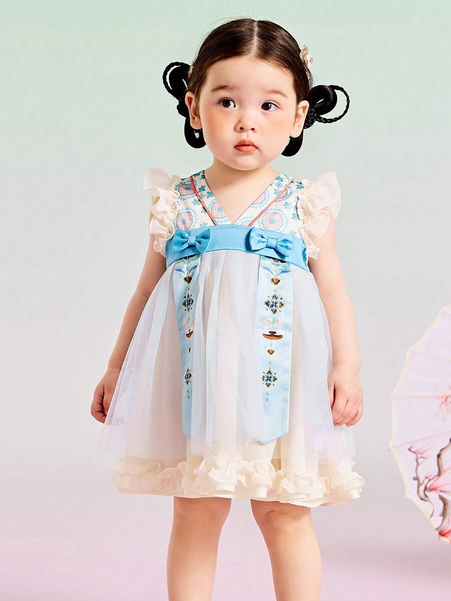 mini bala Đầm bé gái dễ thương tay áo bay lưới vành tai  Hanfu - Màu xanh lam - Xem 1