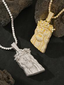 1pc 14K Plated Platinum Plated Hip Hop Jewelry Iced Out 5A Cubic Zirconia High Quality Jesus Faith Gem Pendant Necklace 4mm 20 Inch Tennis Chain Men's Rapper Accessories Couple Punk Gift - Hiphop - View 7