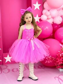 1pc Girls' Pink Princess Tulle Tutu Dress With Headband For Daily & Casual Wear - Hot Pink - View 5