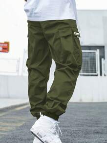 Tween Boy 1pc Casual Sports Outdoor Workout Cargo Pants With Large Pockets, Woven Strap Decoration, Number 23 Iron-On Patch, Spring And Autumn