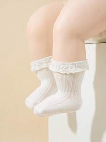 5pairs Baby Girls' Solid Color Cute Anti-Slip Lace Short Socks, Suitable For Festival Gift/Travel/Daily Wear