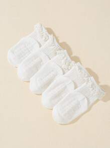 5pairs Baby Girls' Solid Color Cute Anti-Slip Lace Short Socks, Suitable For Festival Gift/Travel/Daily Wear