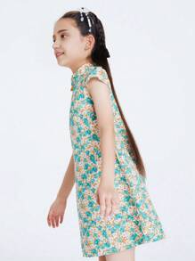 Annil Tween Girls Dresses Berikat Ruffle Tombol Depan Bunga Geometris Plants All Over Print Boho - Kuning - View 3