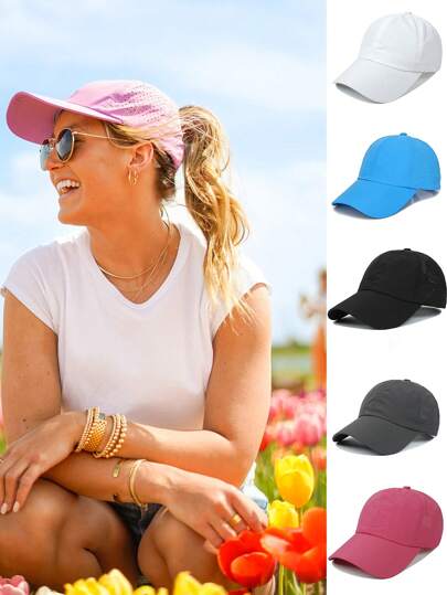 1入組戶外純色四季棒球帽女款運動休閒交叉馬尾帽網狀快干遮陽半空頂帽