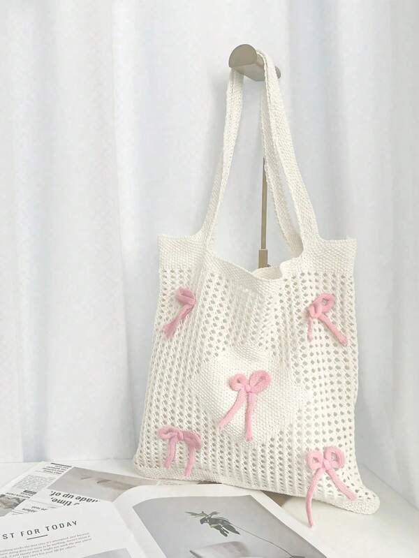 1pc  Butterfly Pattern Color Blocking Crochet Handbag Shoulder Bag Large Capacity Fashion Beach Bag Versatile Commute Bag Large Capacity Knitted Hobo Bag Cute Heart Pattern Tote Bag Women Casual Crochet Handbag Shoulder Purse Y2k Gift,Casual Vacation, Beach Bag, Shoulder Bag, Tote Bag